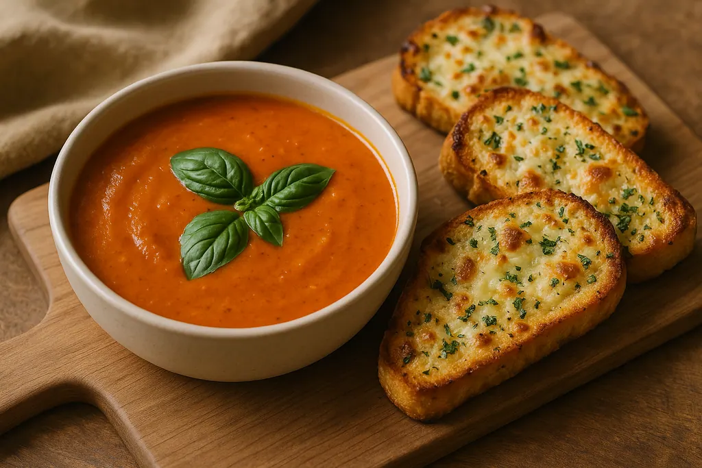 Tomato basil soup with cheesy garlic bread.