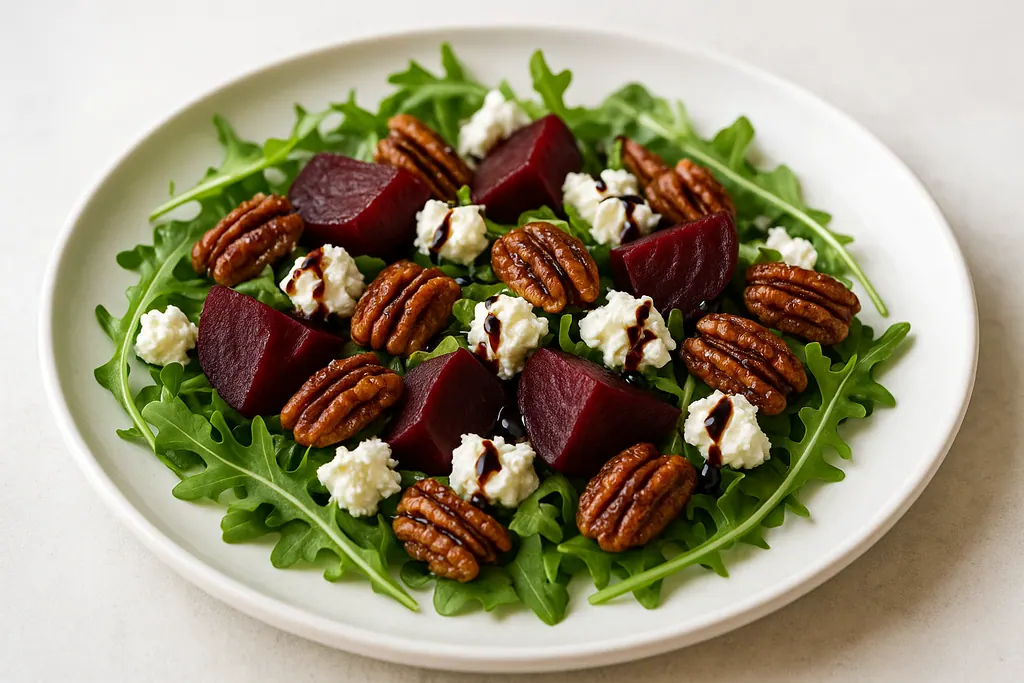 Roasted beets with goat cheese, candied pecans, and balsamic glaze.