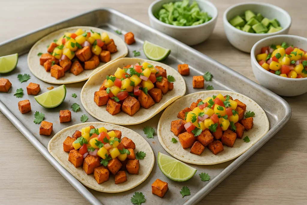 Sweet potato tacos with mango salsa arranged for a family-style dinner.