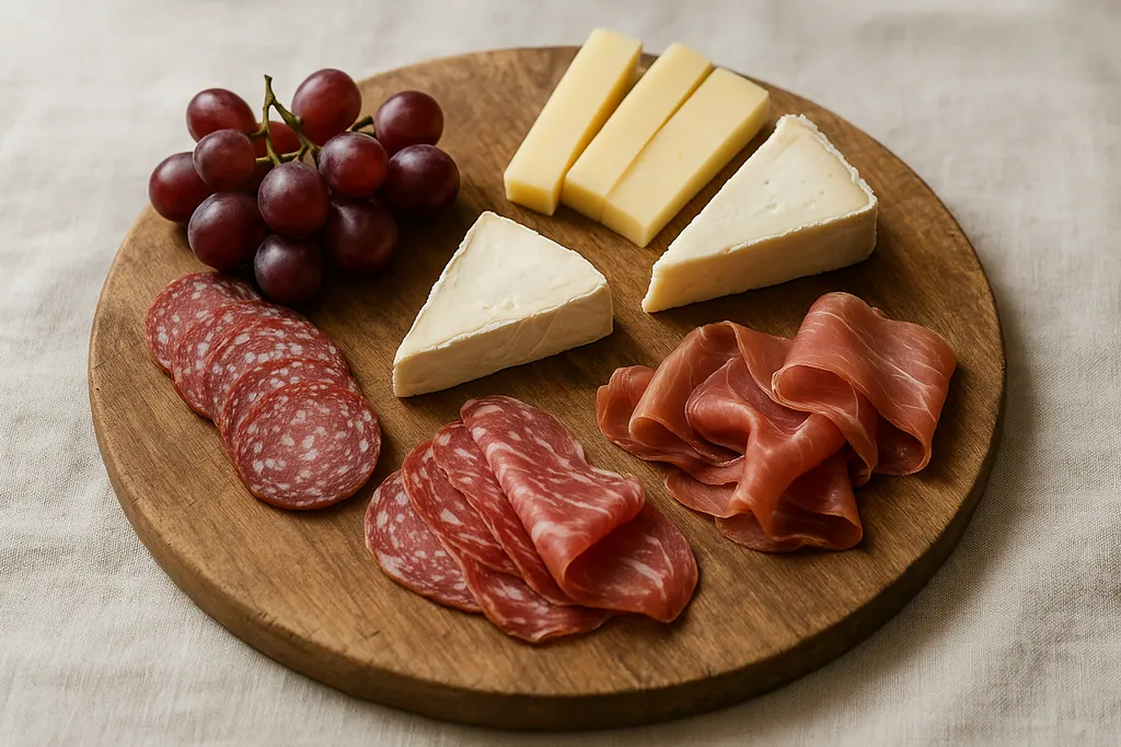 Charcuterie board with cheeses, cured meats, and grapes.