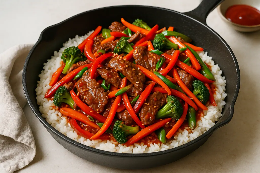 Korean-inspired beef stir-fry with vegetables and rice.