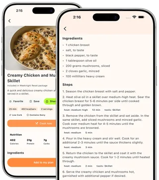 Actual MealTap recipe screen showing ingredient quantities, numbered steps, and heat and timing cues.