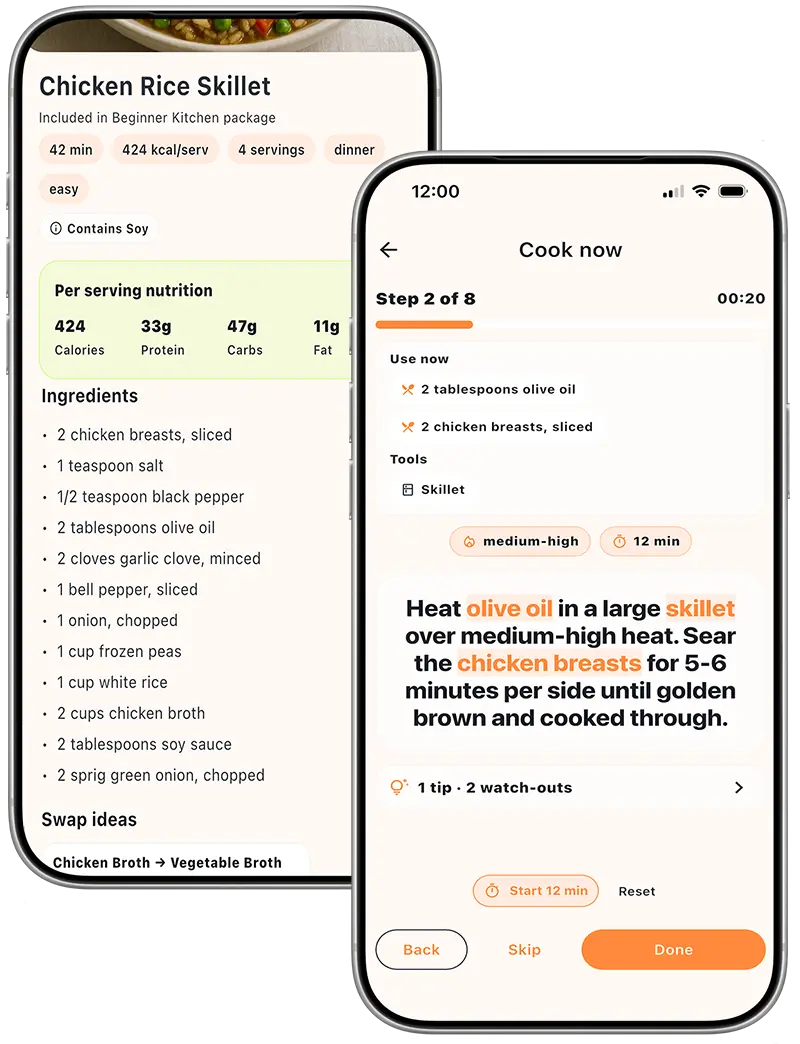 Actual MealTap recipe screen showing ingredient quantities, numbered steps, and heat and timing cues.