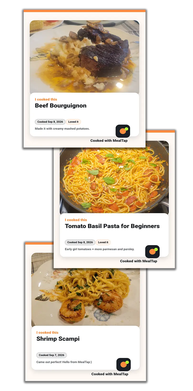 MealTap saved cook cards showing photos, ratings, and notes.
