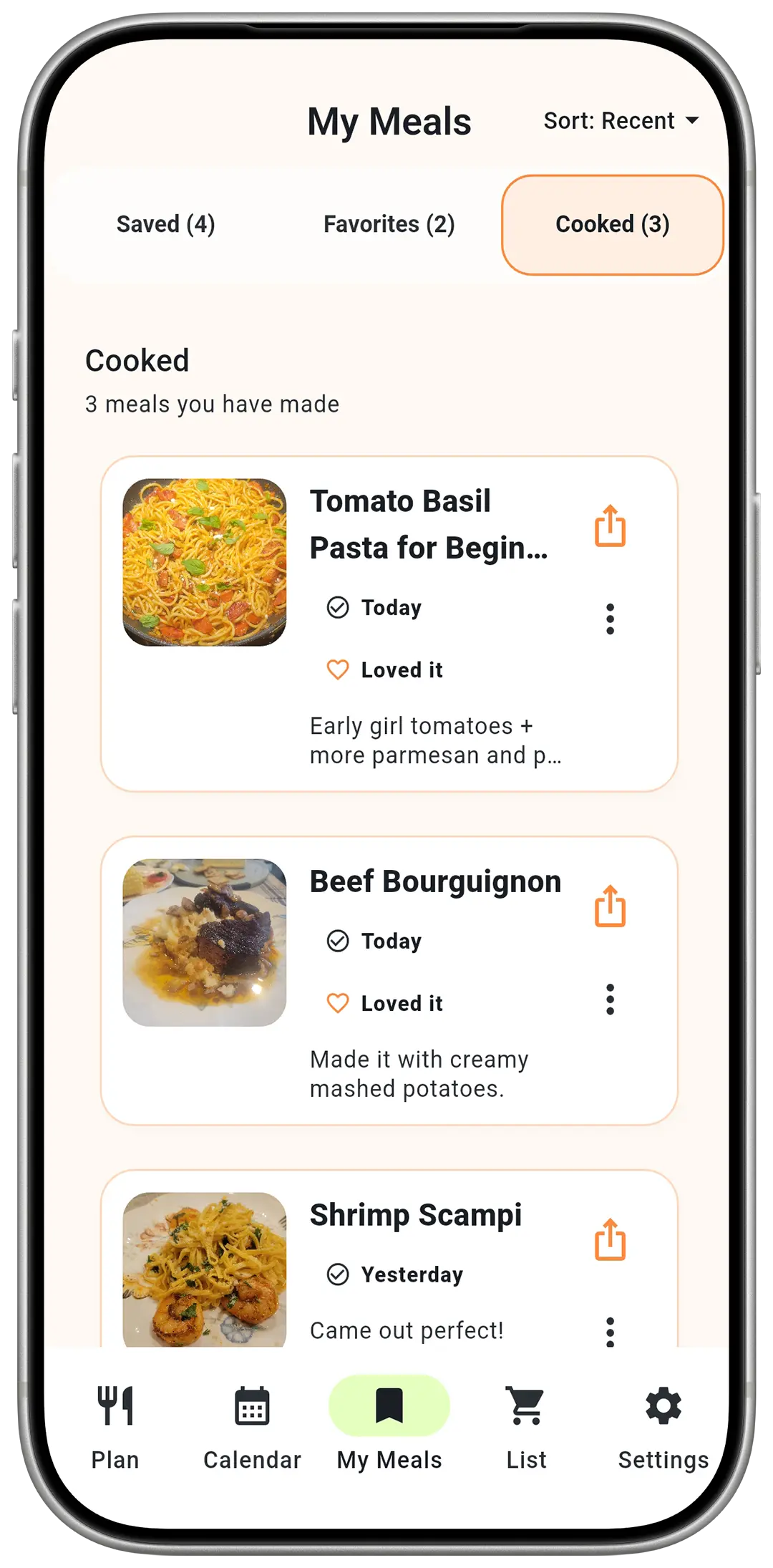 MealTap personal cook history showing meals saved over time.