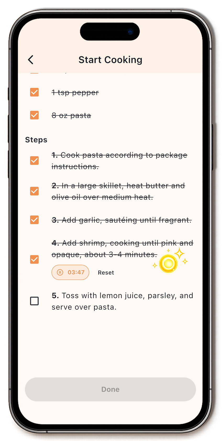 MealTap cooking steps for a selected recipe.
