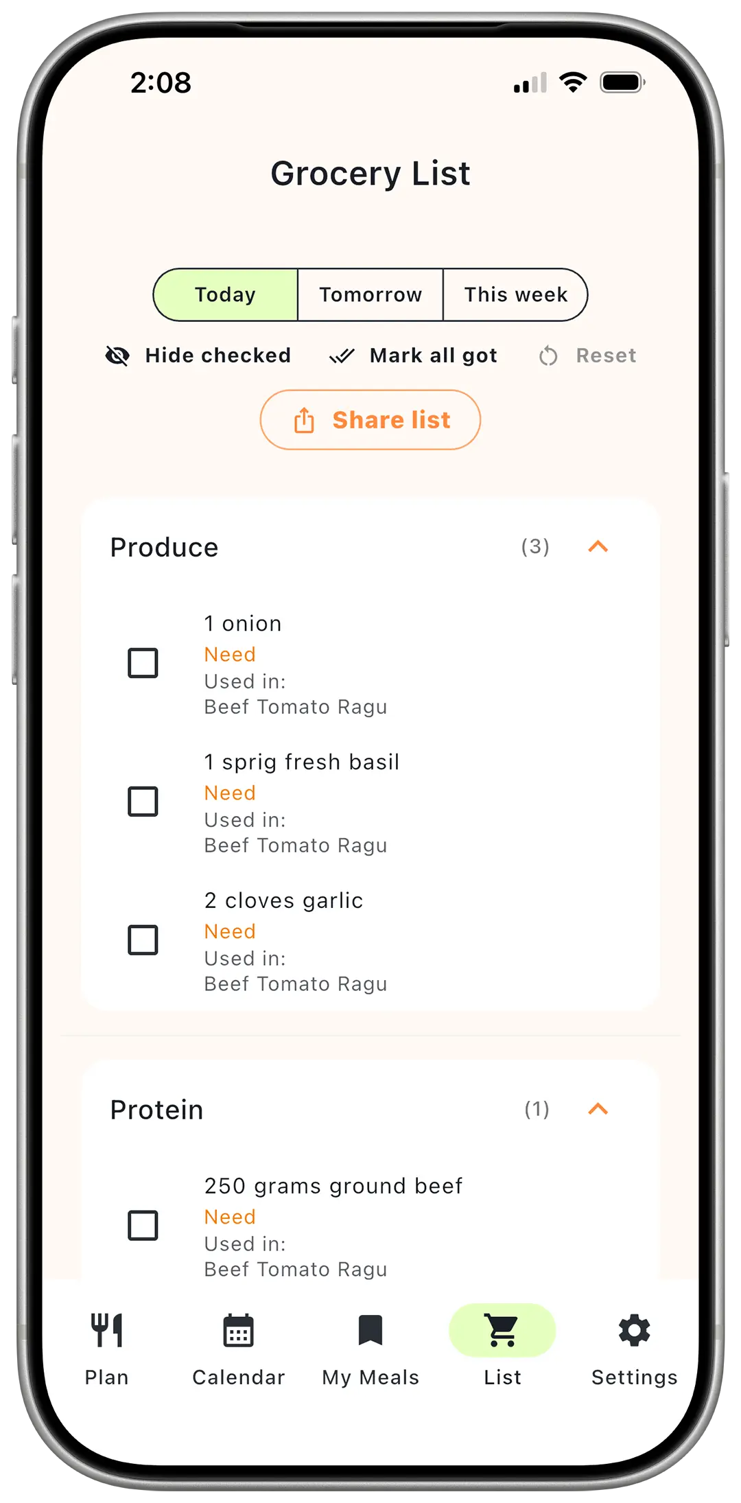 MealTap grocery list view organizing ingredients for the week.