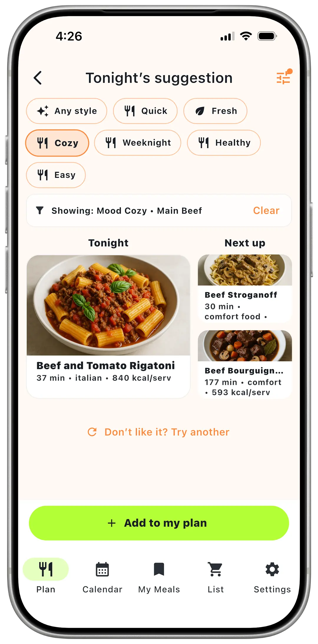MealTap app screen showing a calm dinner suggestion flow for tonight.