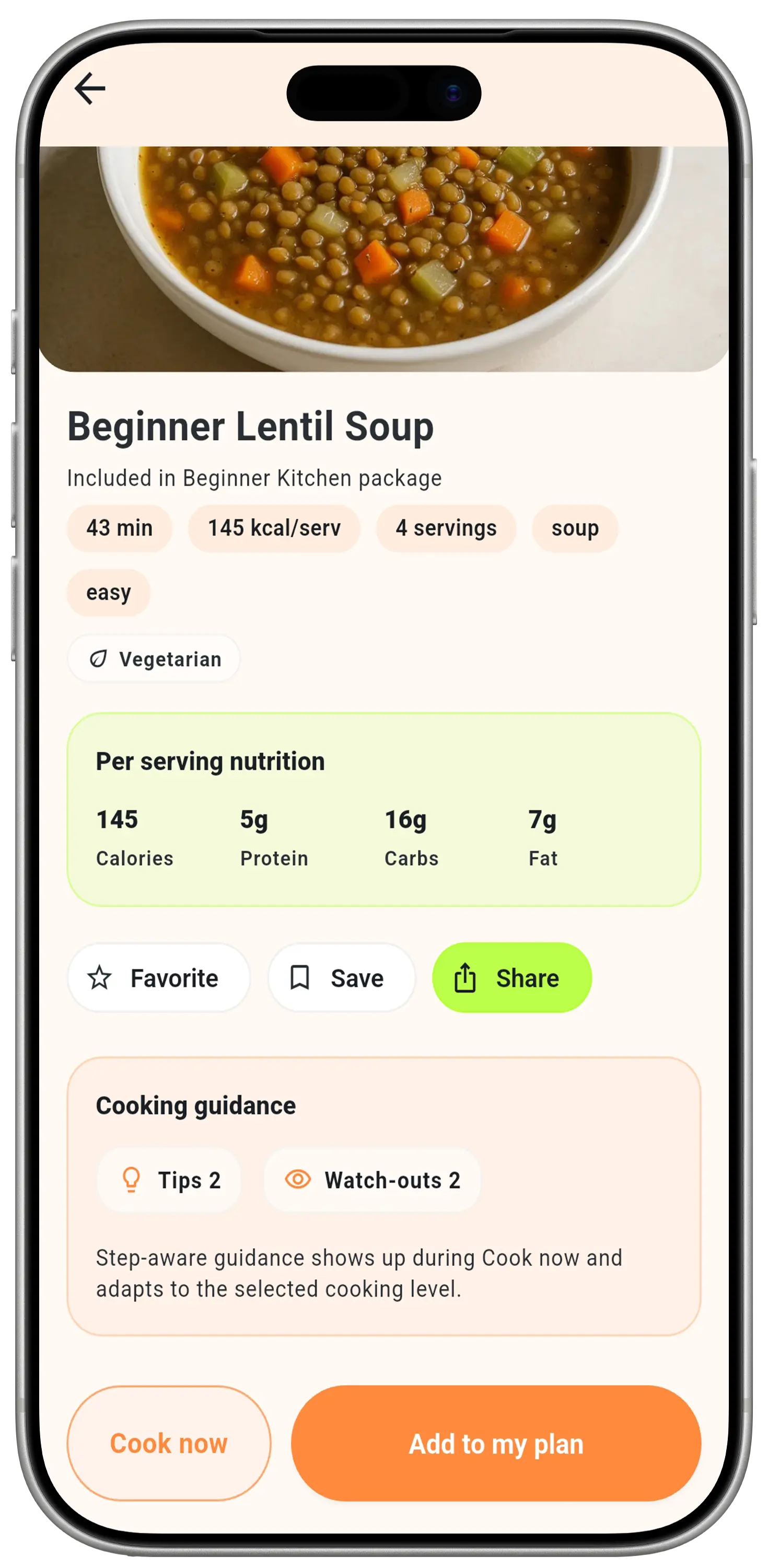 MealTap dinner suggestion screen with a meal image and actions to cook now or add it to the week.