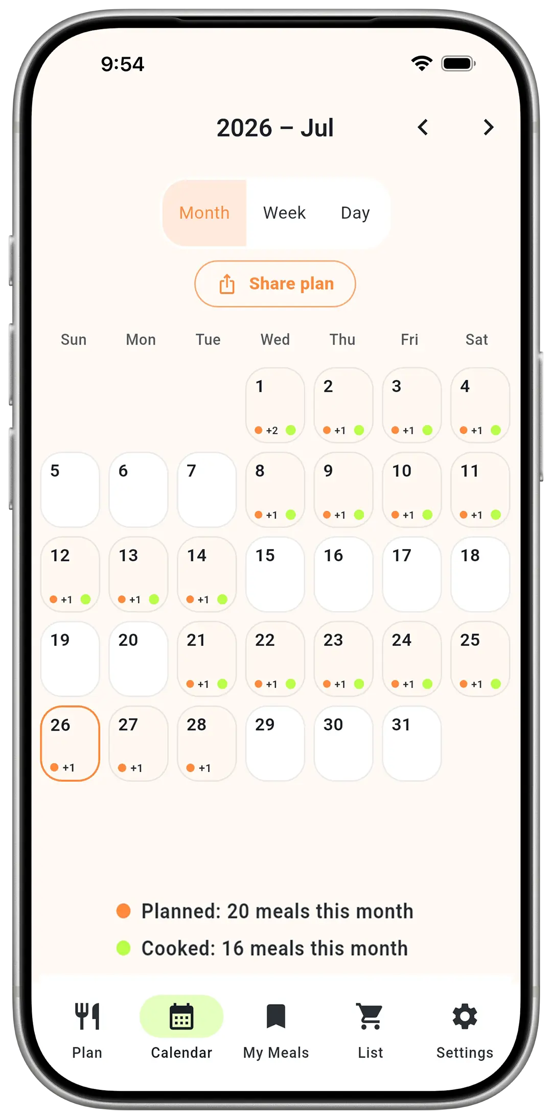 MealTap weekly plan view showing dinners laid out across a calendar week.