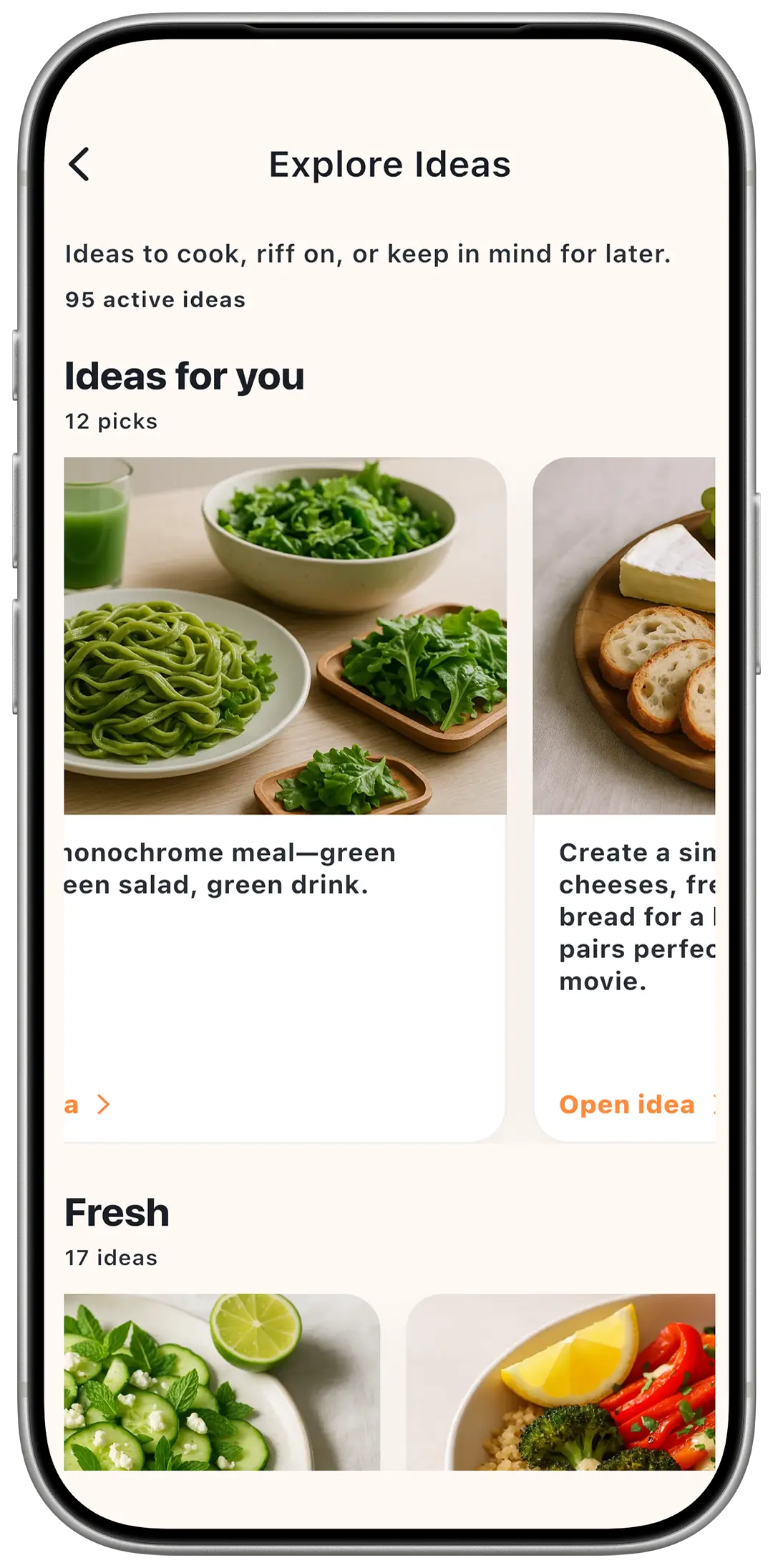 MealTap Explore Ideas screen showing dinner ideas organized by mood.