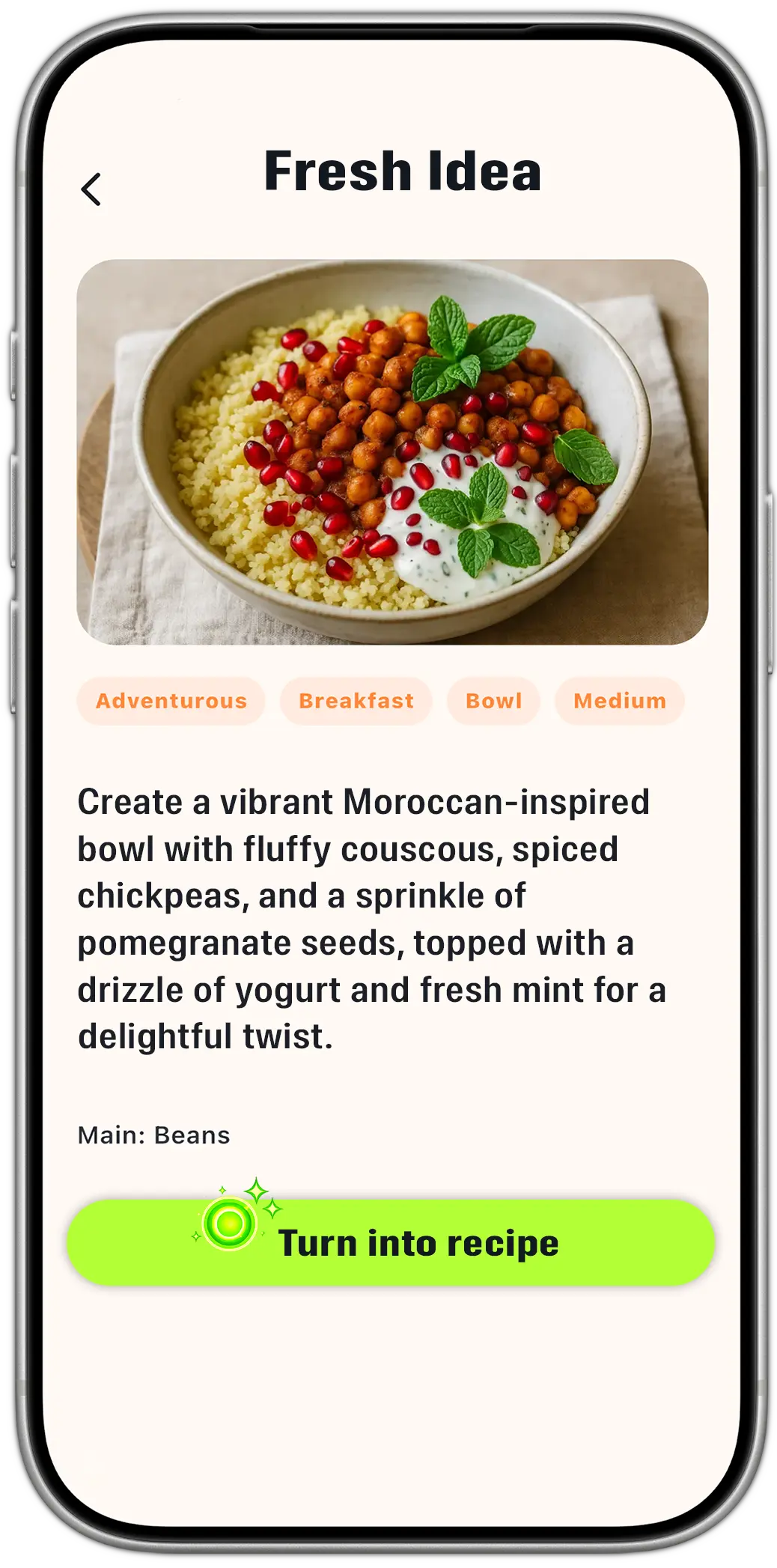 MealTap Fresh Idea detail screen with a button to turn the idea into a recipe.