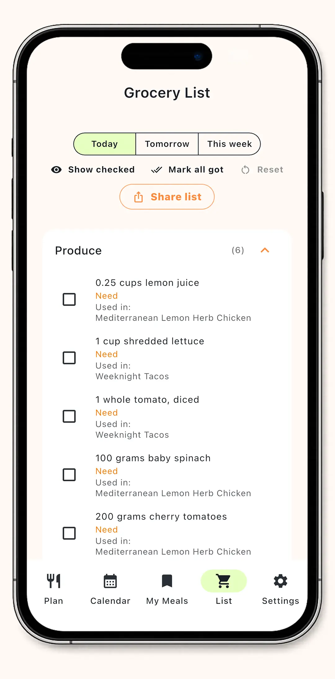 MealTap grocery list screen.