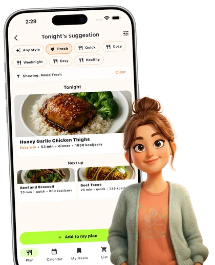 MealTap app showing tonight’s meal suggestion on a phone screen.