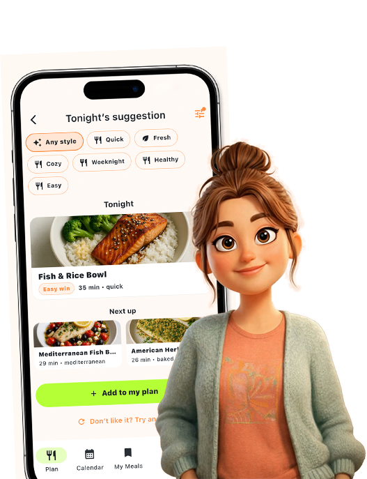 MealTap app showing tonight’s meal suggestion on a phone screen.