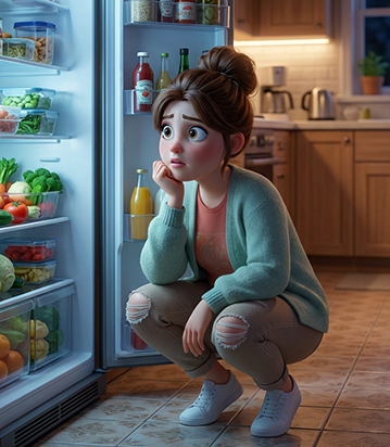 Person looking into an open fridge, representing decision fatigue around dinner.