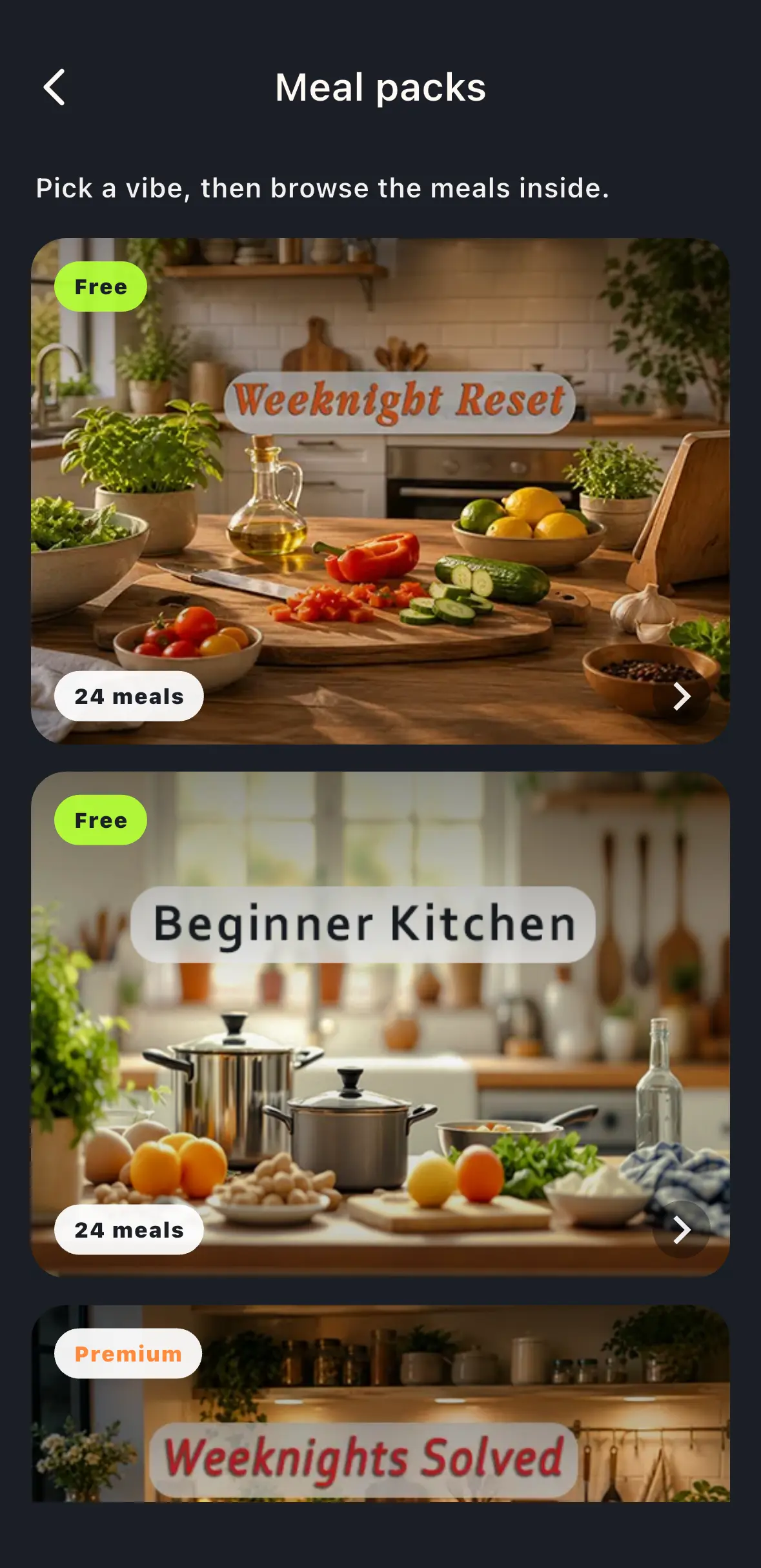 MealTap pack browsing screen showing meals inside a pack.