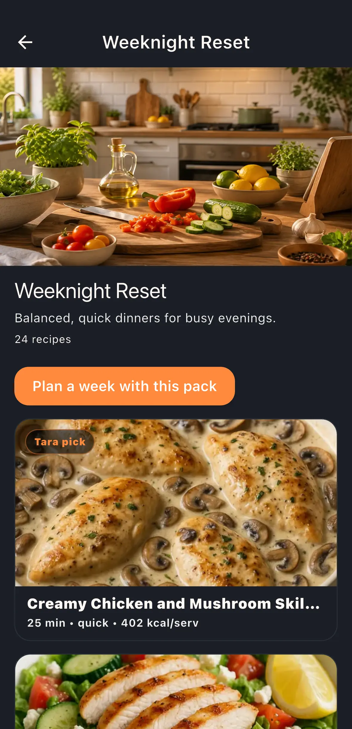MealTap pack detail screen with the plan-a-week action.