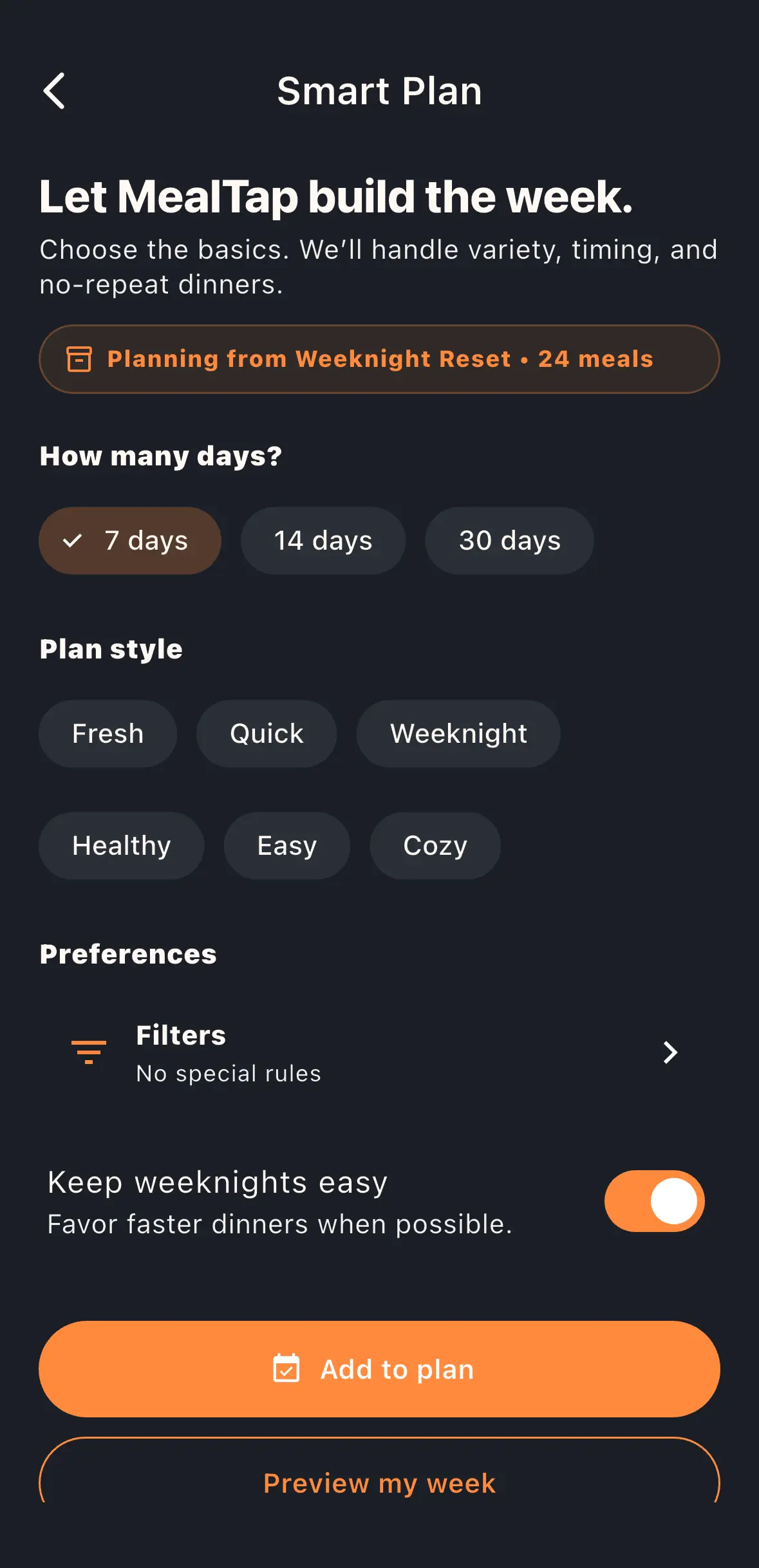 MealTap recipe preview screen with add-to-plan and preview actions.