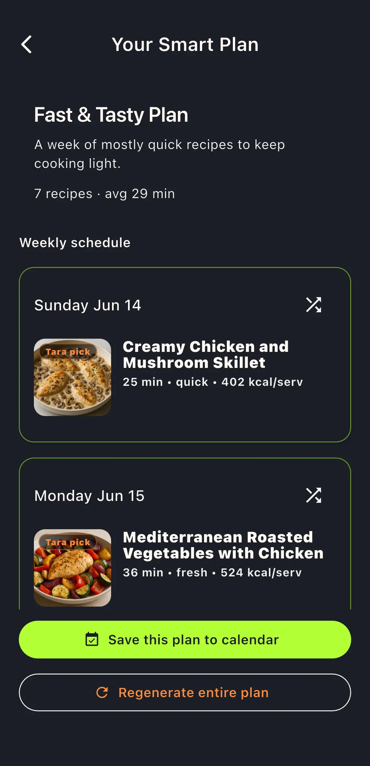MealTap planning screen showing saved meals and swap flow.