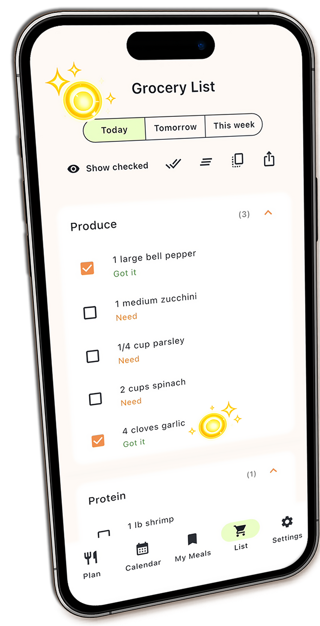 MealTap automatic grocery list with ingredients organized for the week’s meals.