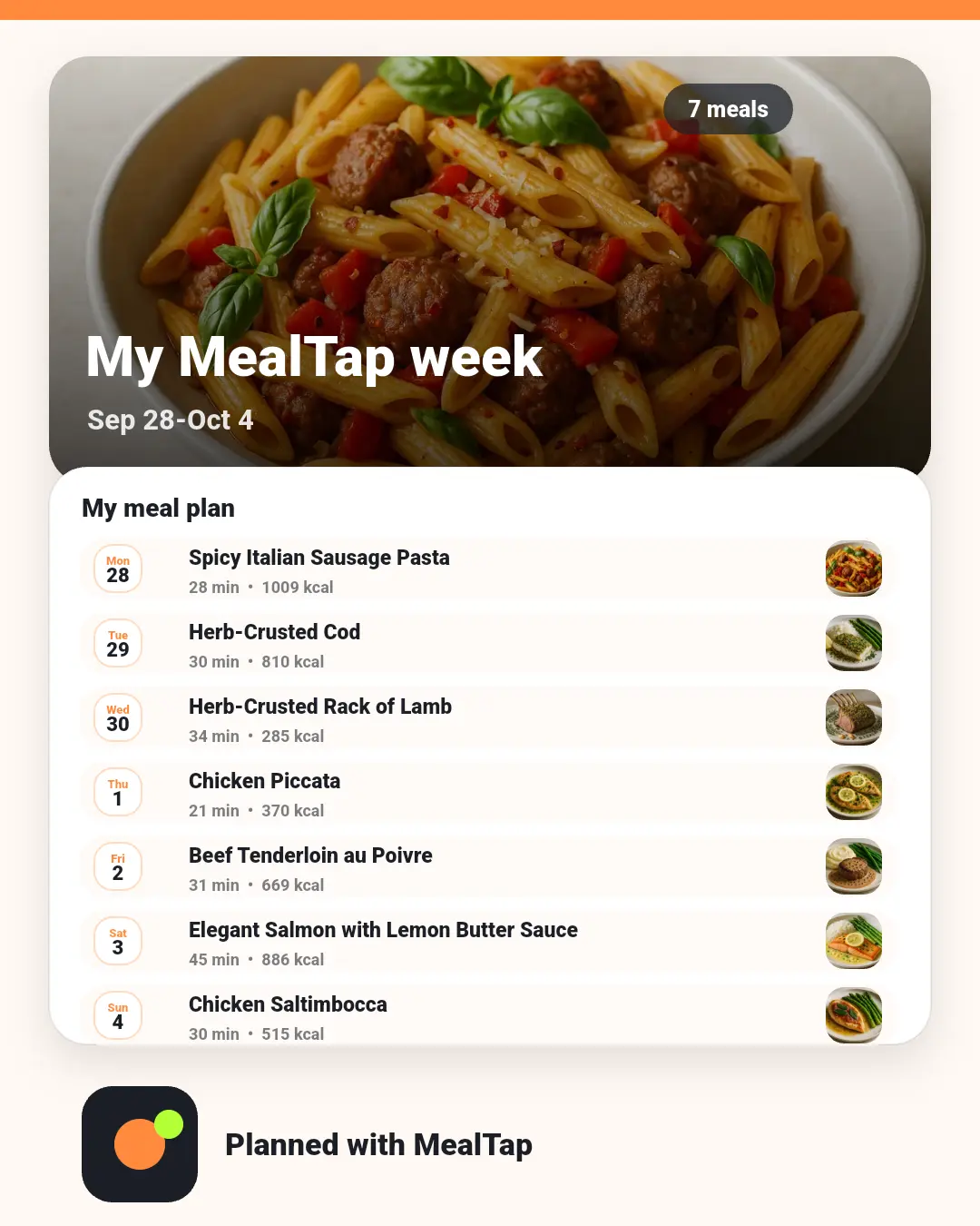 MealTap share card showing a weekly meal plan.