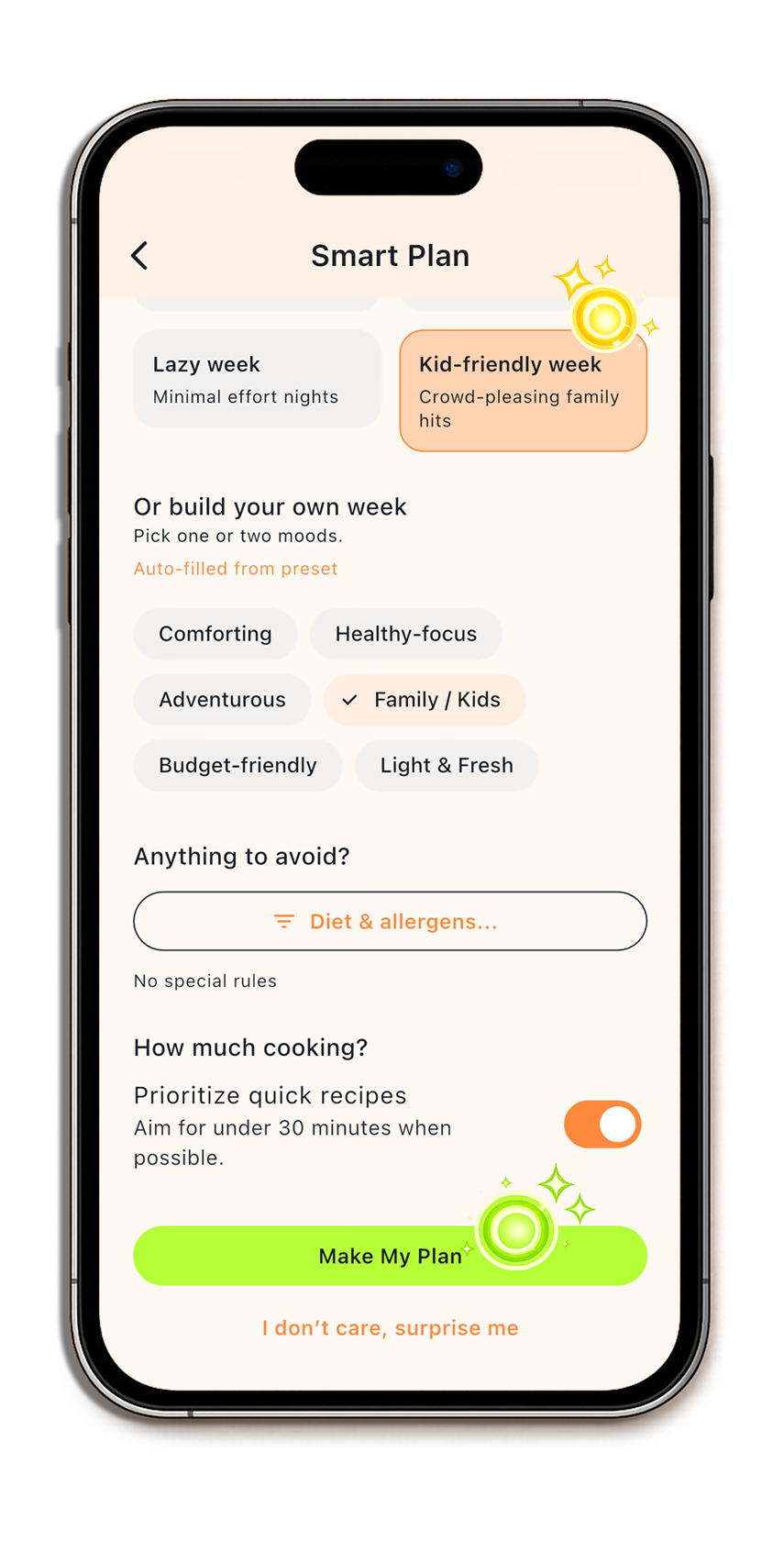 MealTap mood selection screen used to generate a weekly meal plan.