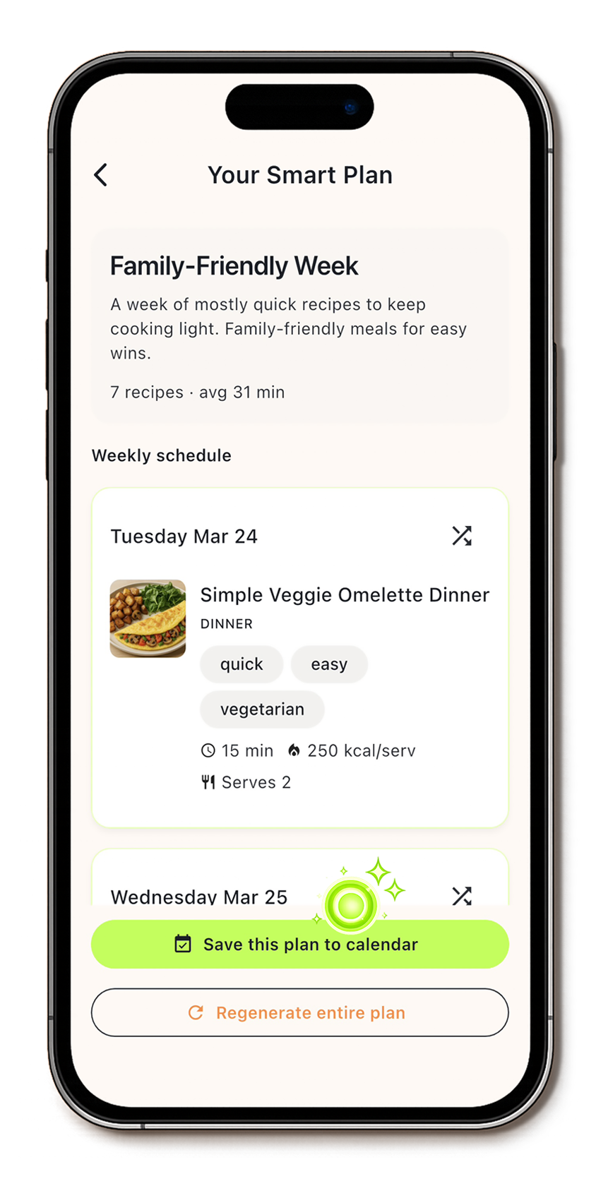 MealTap automatically generating a weekly dinner plan based on selected mood.
