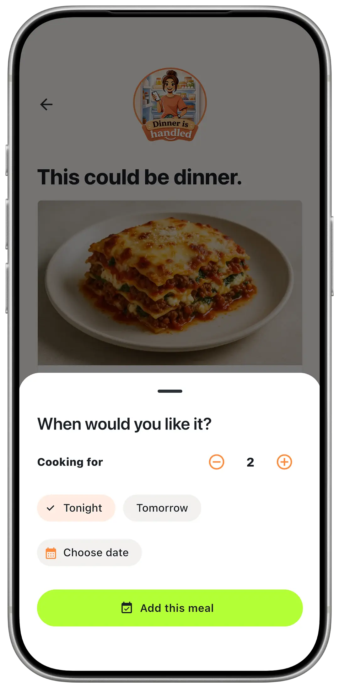 MealTap add meal sheet with Cooking for, Tonight, Tomorrow, Choose date and Add this meal.