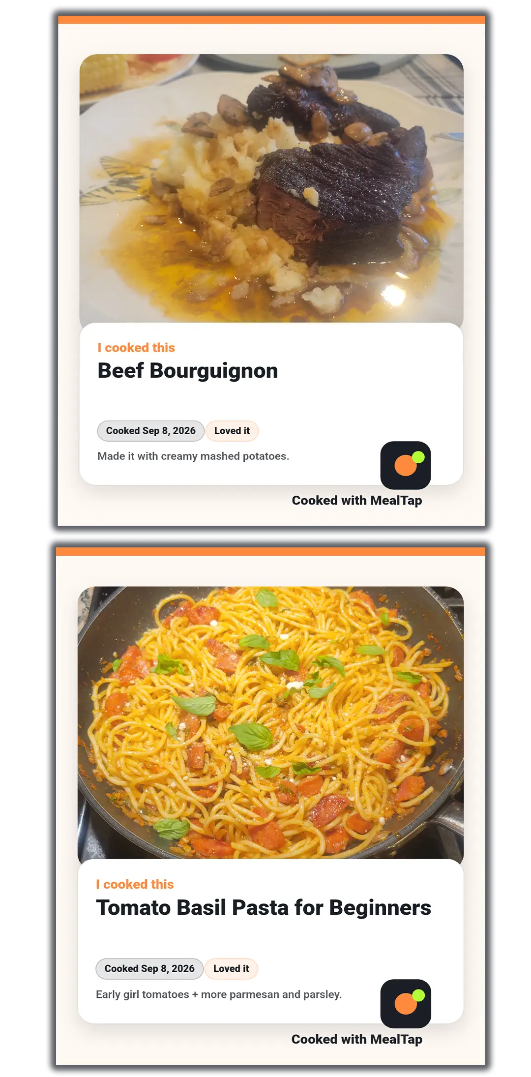 MealTap share cards for Beef Bourguignon and Tomato Basil Pasta, with meal photos, reactions and notes.