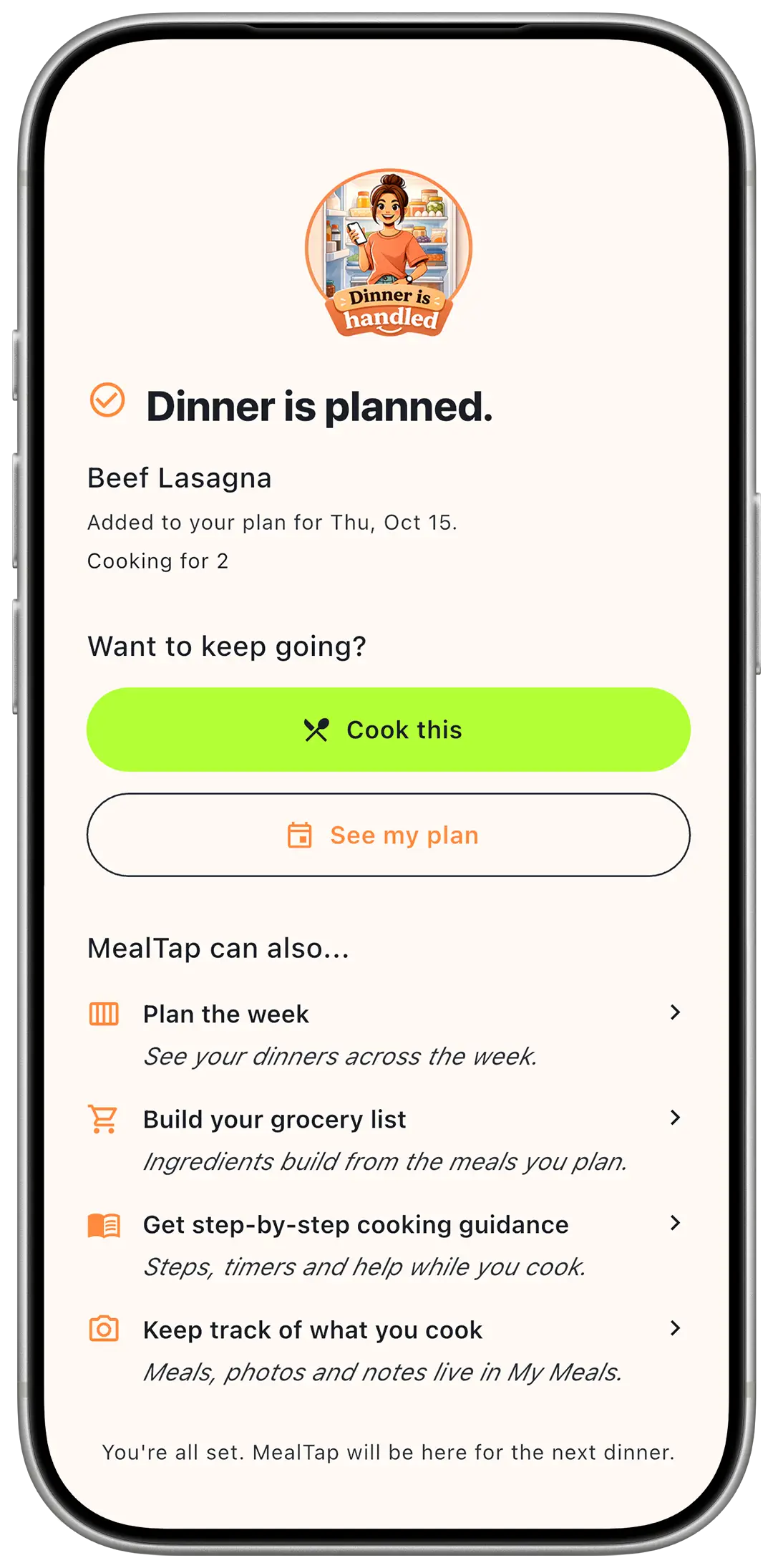 MealTap confirming Beef Lasagna is planned for two, with Cook this and See my plan actions.