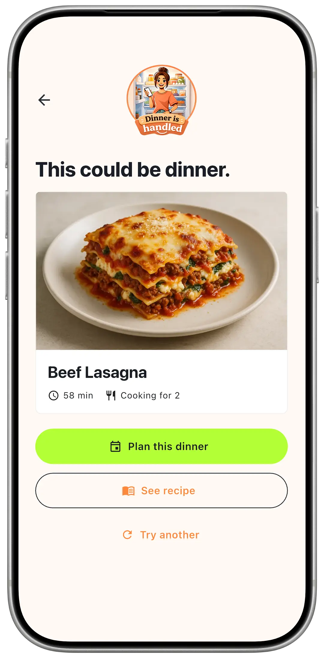 MealTap suggesting Beef Lasagna for two, with Plan this dinner, See recipe and Try another actions.