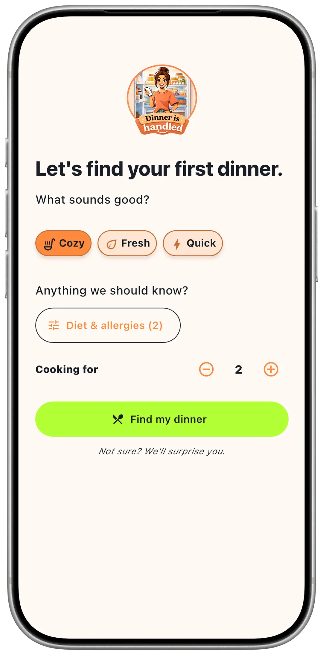 MealTap first dinner screen with Cozy, Fresh and Quick choices, diet and allergies, and Cooking for.