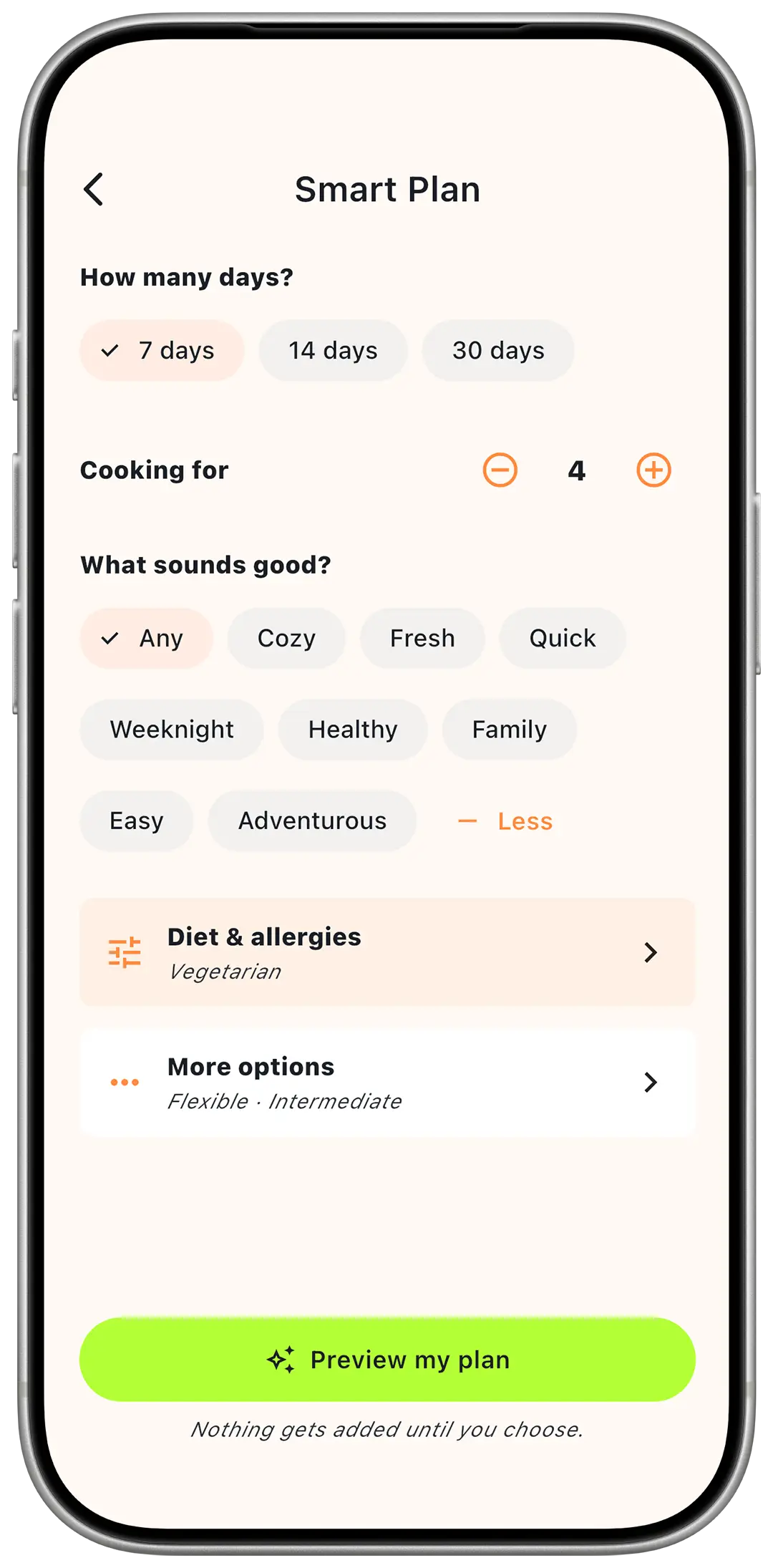 MealTap Smart Plan with 7, 14 and 30 days, Cooking for, mood choices, diet and allergies, and Preview my plan.